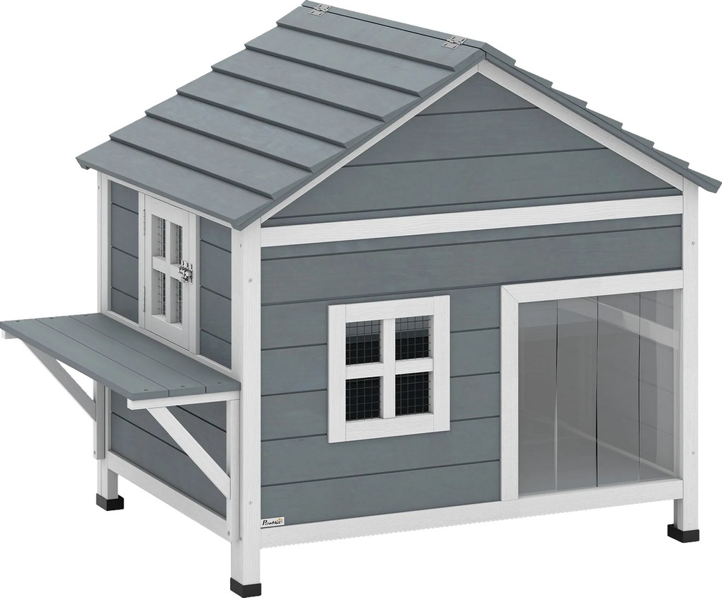 PawHut Casinha de Gato em Madeira 2 Andares com Telhado Rebatível Impermeável, Plataforma Lateral, 101x72,5x81 cm, Cinza | Aosom Portugal