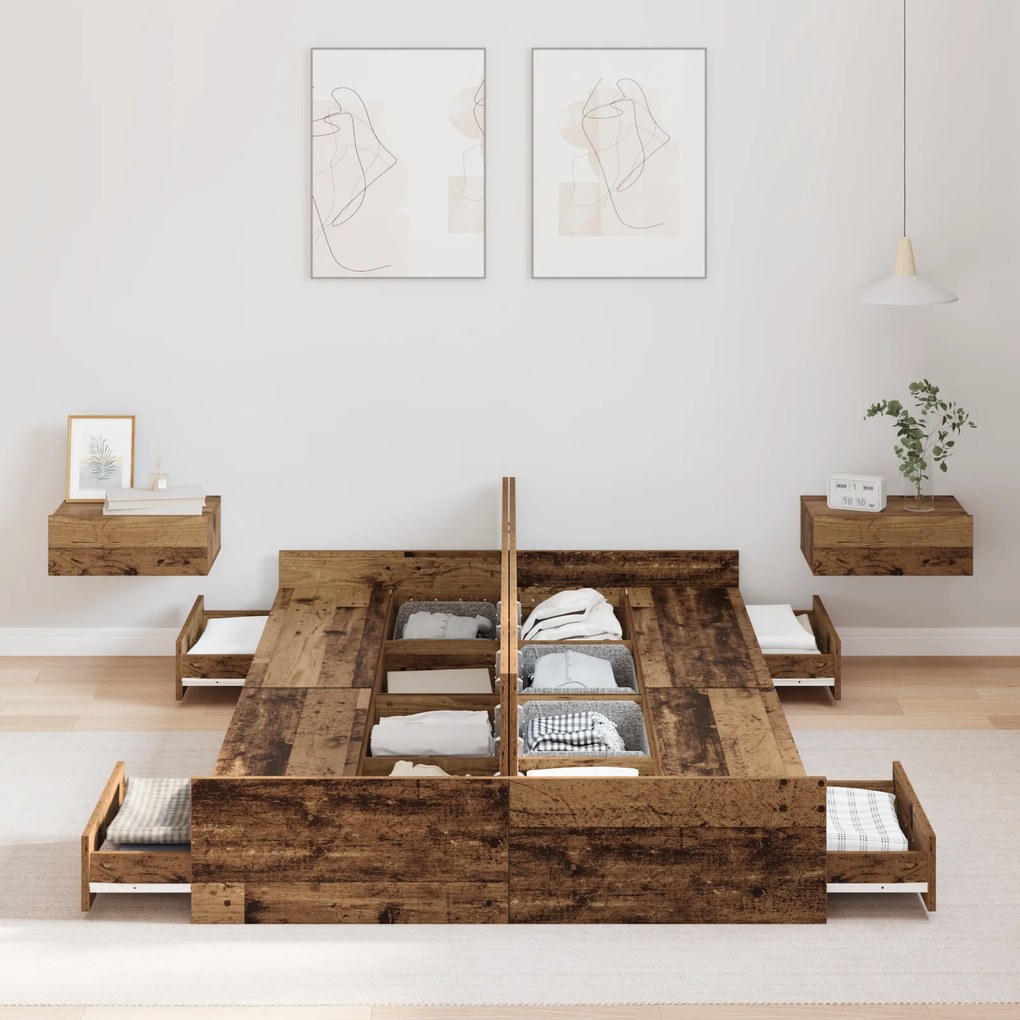 Cama com Armazenamento em Madeira Antiga, 120 x 190 cm, Madeira de Eng