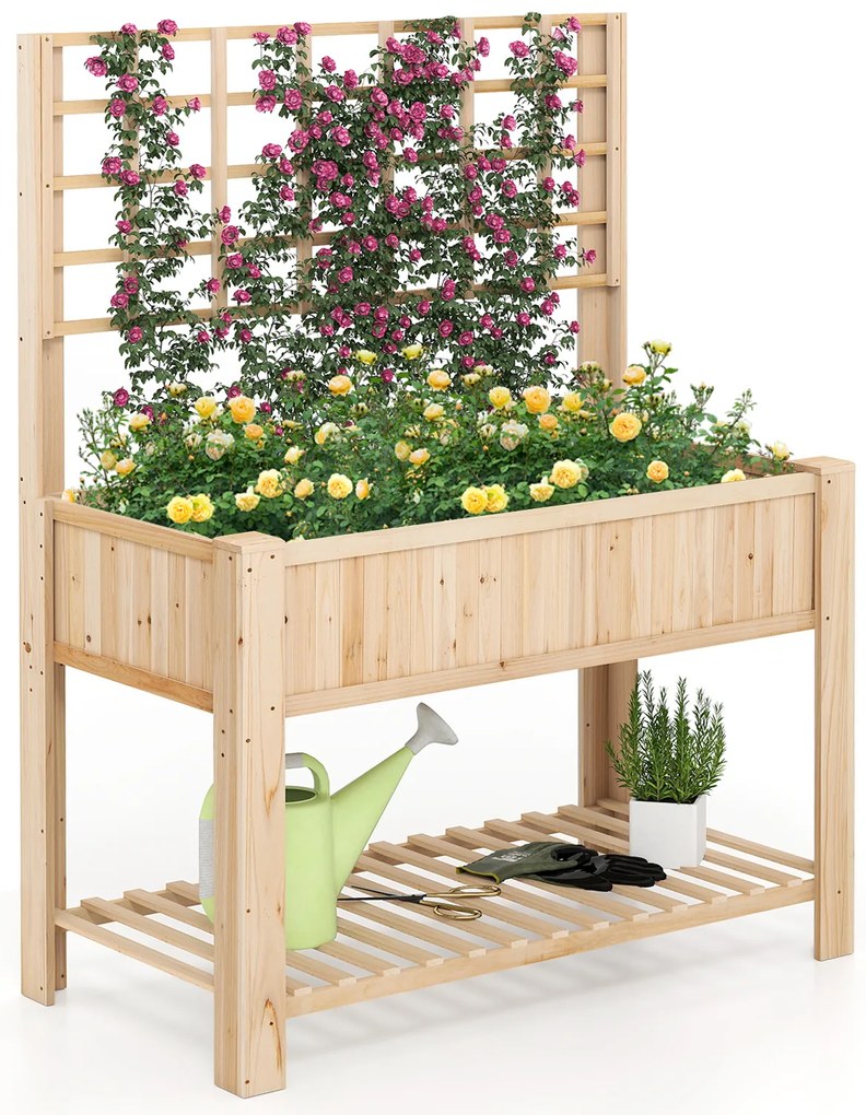Canteiro elevado com treliça de treliça, telhado de madeira, caixa de plantio elevada - marrom