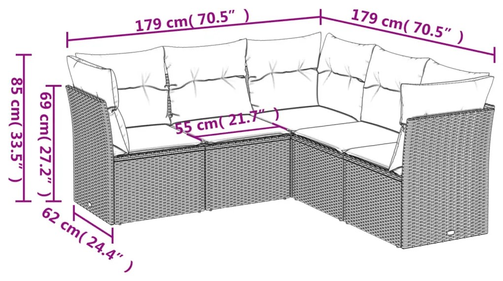 5 pcs conjunto sofás p/ jardim c/ almofadões vime PE castanho