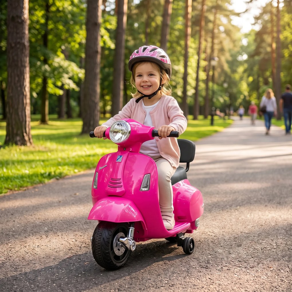 Mota Elétrica Infantil 6V para crianças 18-36 meses com Licença Mini Vespa GTS, 2 Rodas Auxiliares, Bateria de Lítio, Farol, Buzina, Encosto, Rosa