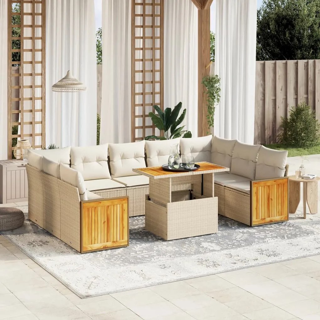 10 pcs conjunto de sofás p/ jardim com almofadões vime PE bege