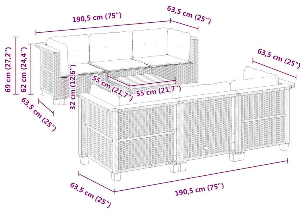 7 pcs conjunto de sofás p/ jardim com almofadões vime PE bege