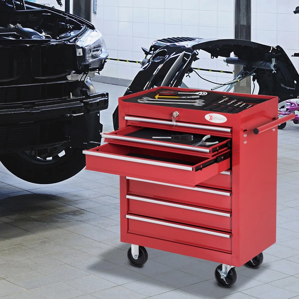 Carro de Ferramentas com Rodas Caixa Oficina Fechadura tipo Móvel de Armazenamento para Oficina Garagem e Casa Chapa de Aço Vermelho - 69x33x77.2cm