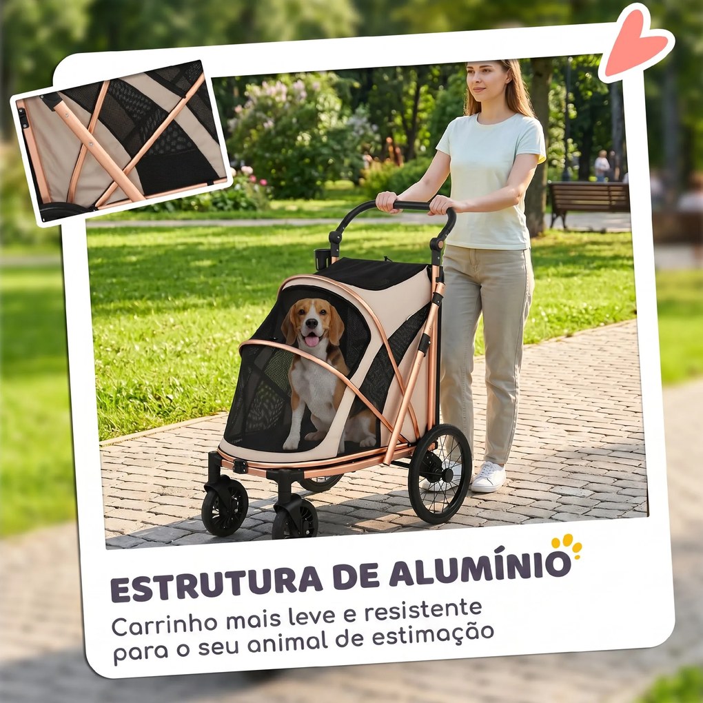 Carrinho para Cães Dobrável até 20 kg com Rodas Grandes Suspensão e Travão Janelas de Rede Almofada Castanho Claro