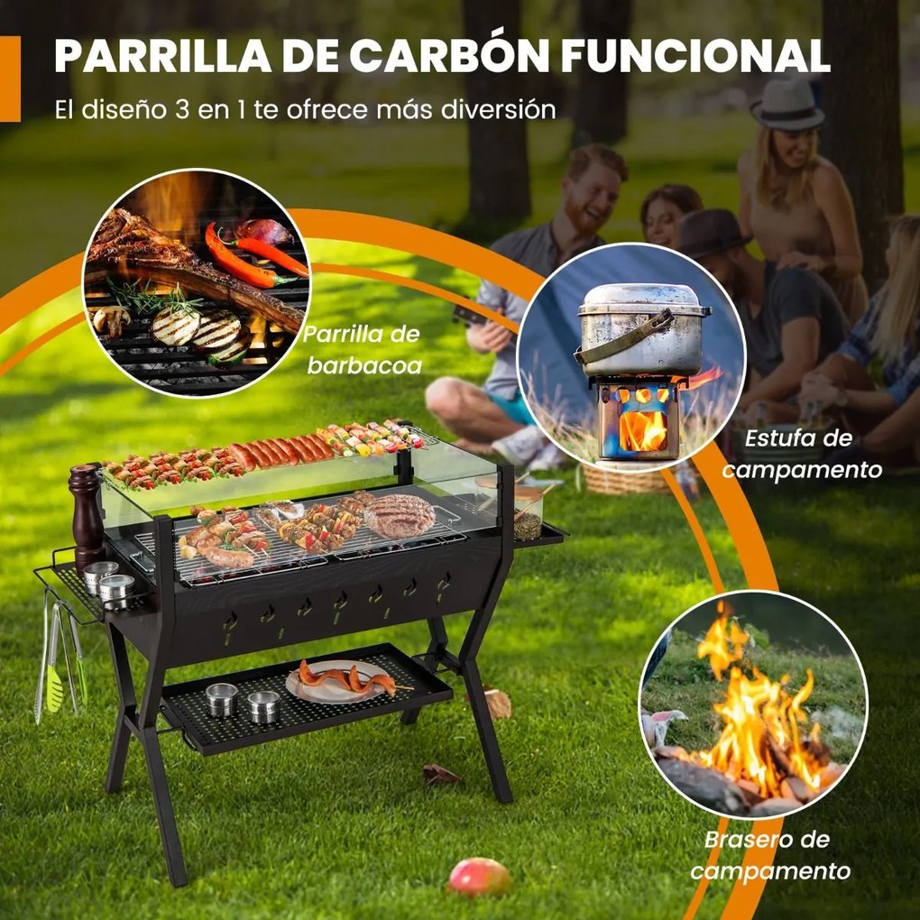 Grelhador a carvão para churrascos em aço inoxidável com luvas de proteção contra o vento 98 x 42 x 68 cm