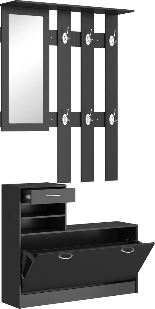 HOMCOM Móvel Cabide de Entrada  com Espelho Cabide e Sapateira Móveis de Entrada de 2 Peças com 6 Ganchos Preto | Aosom Portugal