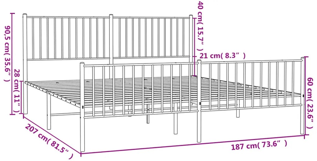 Estrutura de cama com cabeceira e pés 180x200 cm metal branco