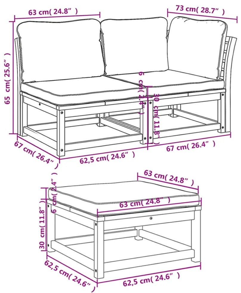 3 pcs conjunto lounge de jardim c/ almofadões acácia maciça