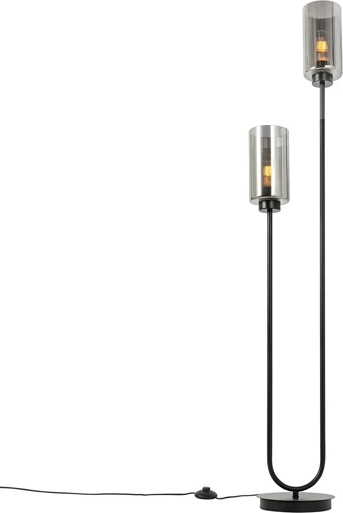 Candeeiro de pé Art Deco preto com vidro fumê 2 luzes - Laura