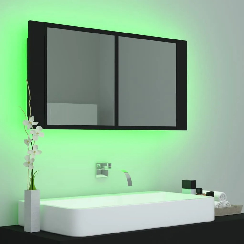 Armário espelhado casa de banho LED 90x12x45 cm acrílico preto