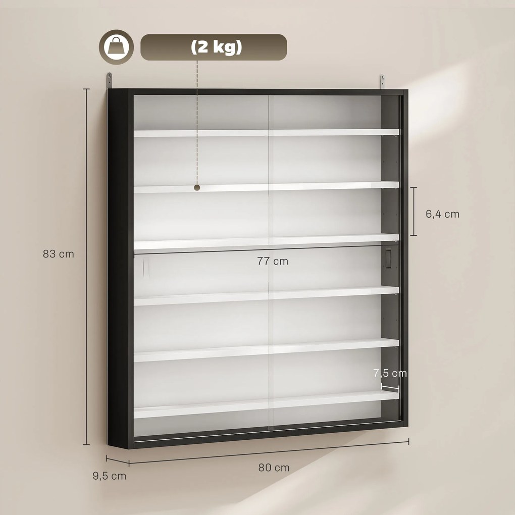 Vitrina de Parede em Madeira com Prateleiras Ajustáveis e 2 Portas Deslizantes de Vidro 80x9,5x83 cm Preto