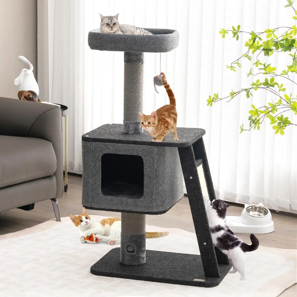 Arranhador para gatos de 3 níveis com rampa para arranhar e postes Centro de atividades para gatos multinível cinzento