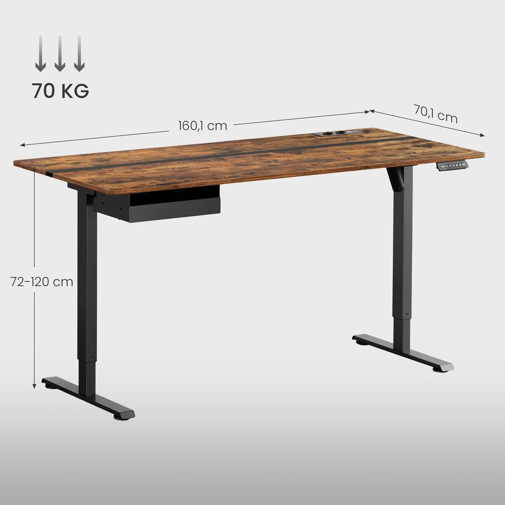 Secretária elétrica com altura ajustável, 160,1 x 70,1 x (72,1-120,1) cm castanha