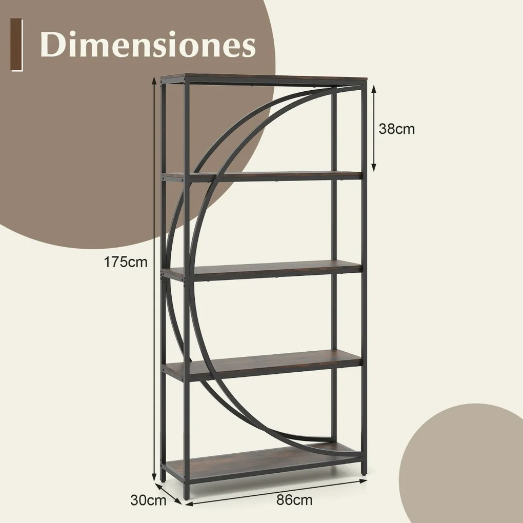 Estante de 5 níveis 86 x 30 x 175 cm com prateleiras de armazenamento abertas Castanha