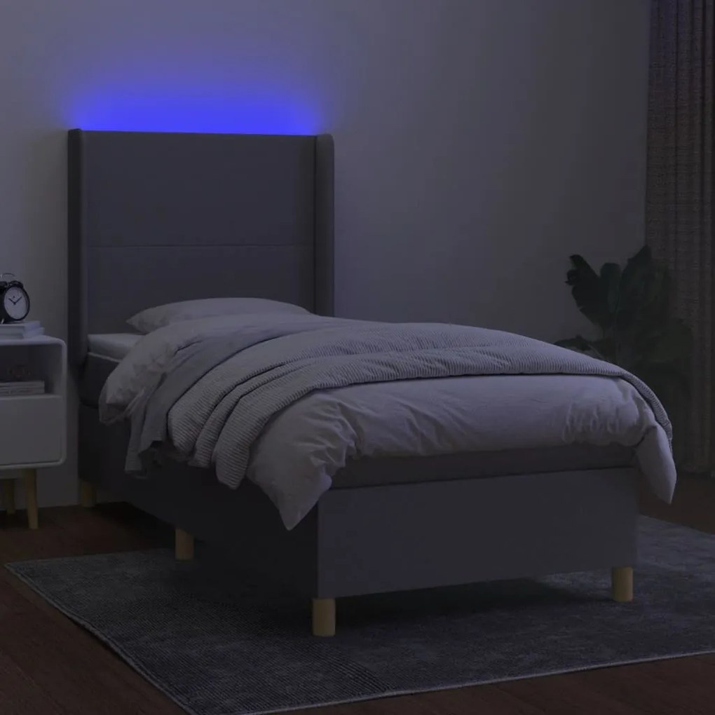 Cama box spring c/ colchão e LED 100x200 cm tecido cinza-claro