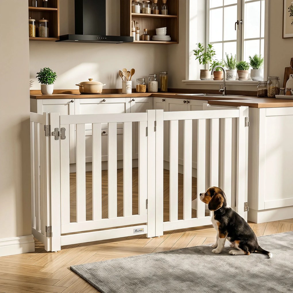 Barreira de Segurança para Cães Dobrável, 205 x 30 x 60 cm, 4 Painéis com Porta, Branco