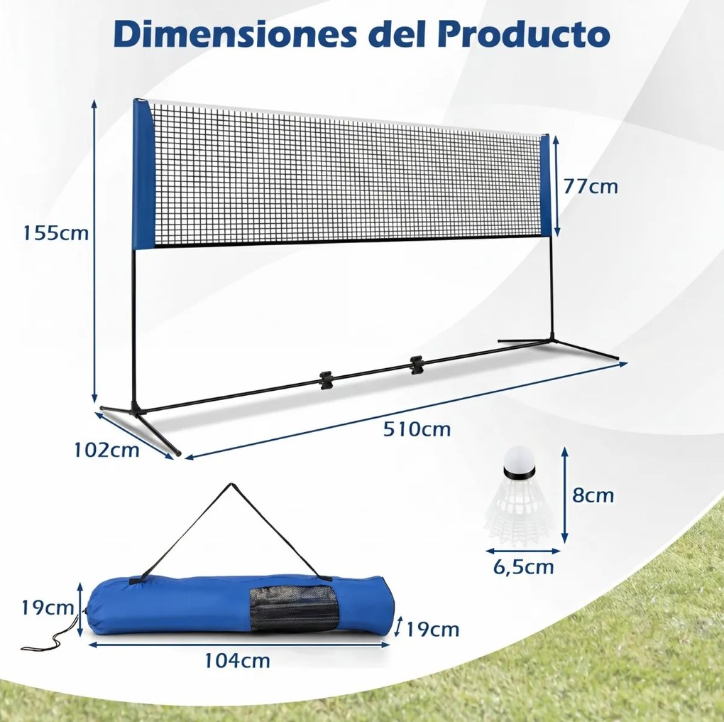 Conjunto de badminton com rede ajustável de 510 cm, 2 penas e bolsa de transporte, para uso em casa, no exterior, na praia e no jardim Azul e Preto