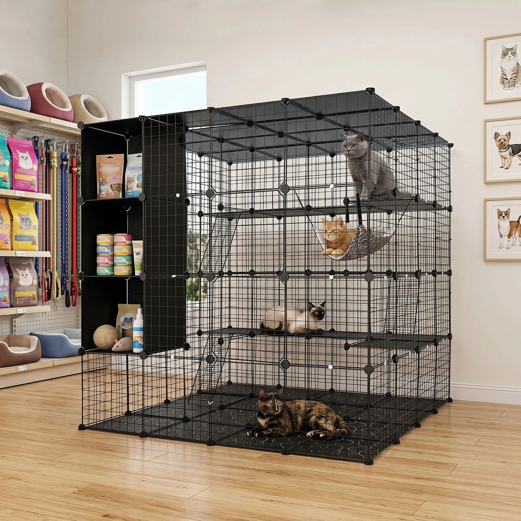 Jaula para Gatos, 144 x 144 x 142 cm, Design Modular, Preto
