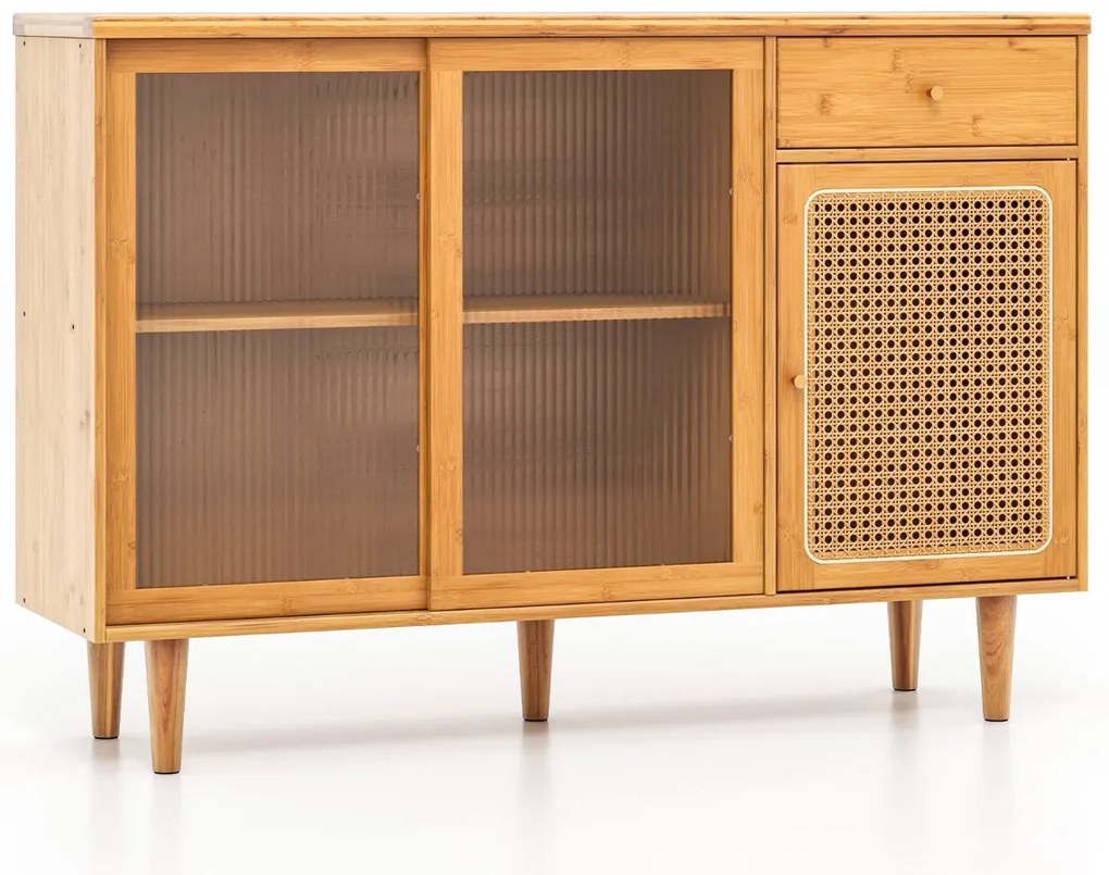 Aparador Lousã em Bambu com Portas de Vidro e Ratã – 120x35x83 cm – Na