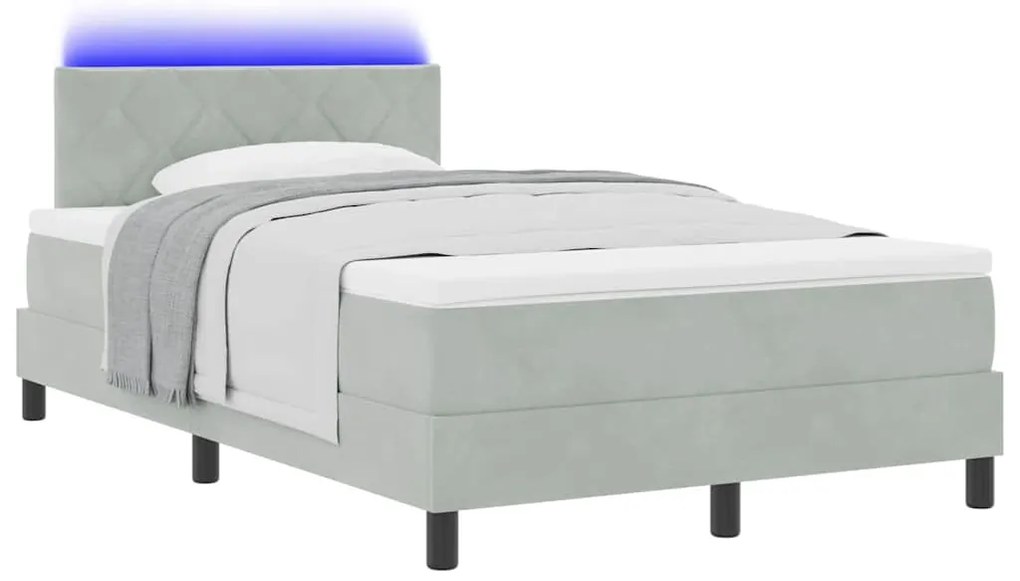 Cama Box com Colchão e Luz LED Cinza Claro 120x190 cm Veludo