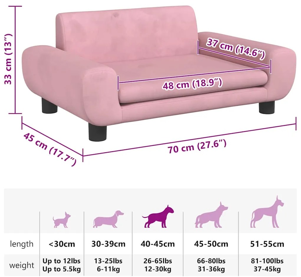 Cama para cães 70x45x33 cm veludo rosa