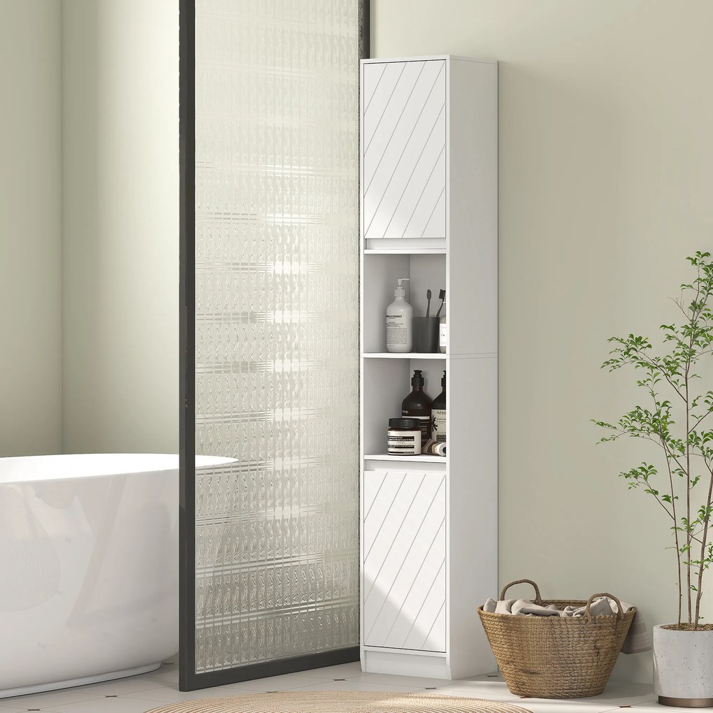 Armário de coluna para casa de banho 30 x 24 x 170 cm, móvel de arrumação com 2 portas, 2 compartimentos abertos, branco