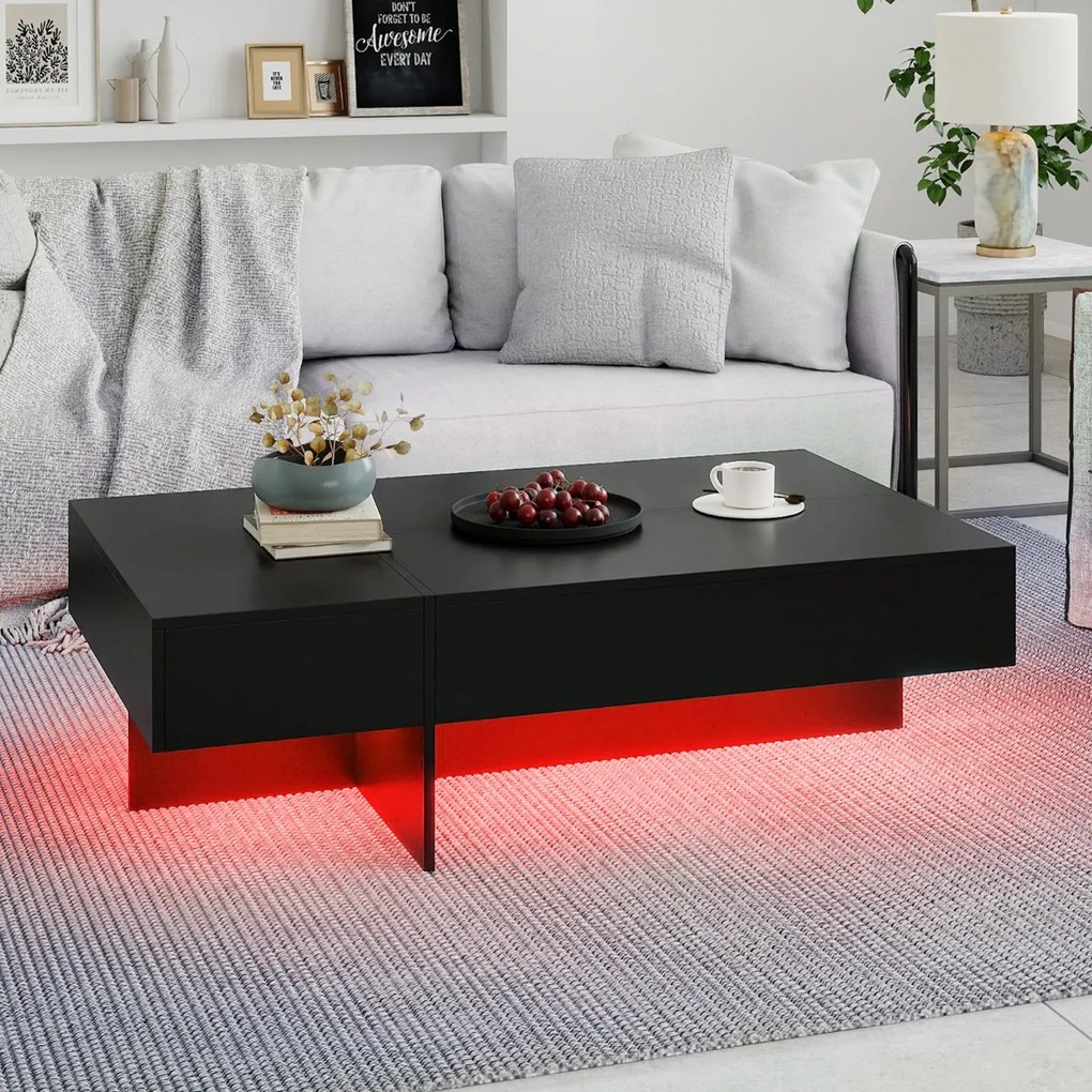 Mesa de centro 120 x 70 x 35 cm moderna com LED com 3 gavetas de arrumação, para sala de estar Preta