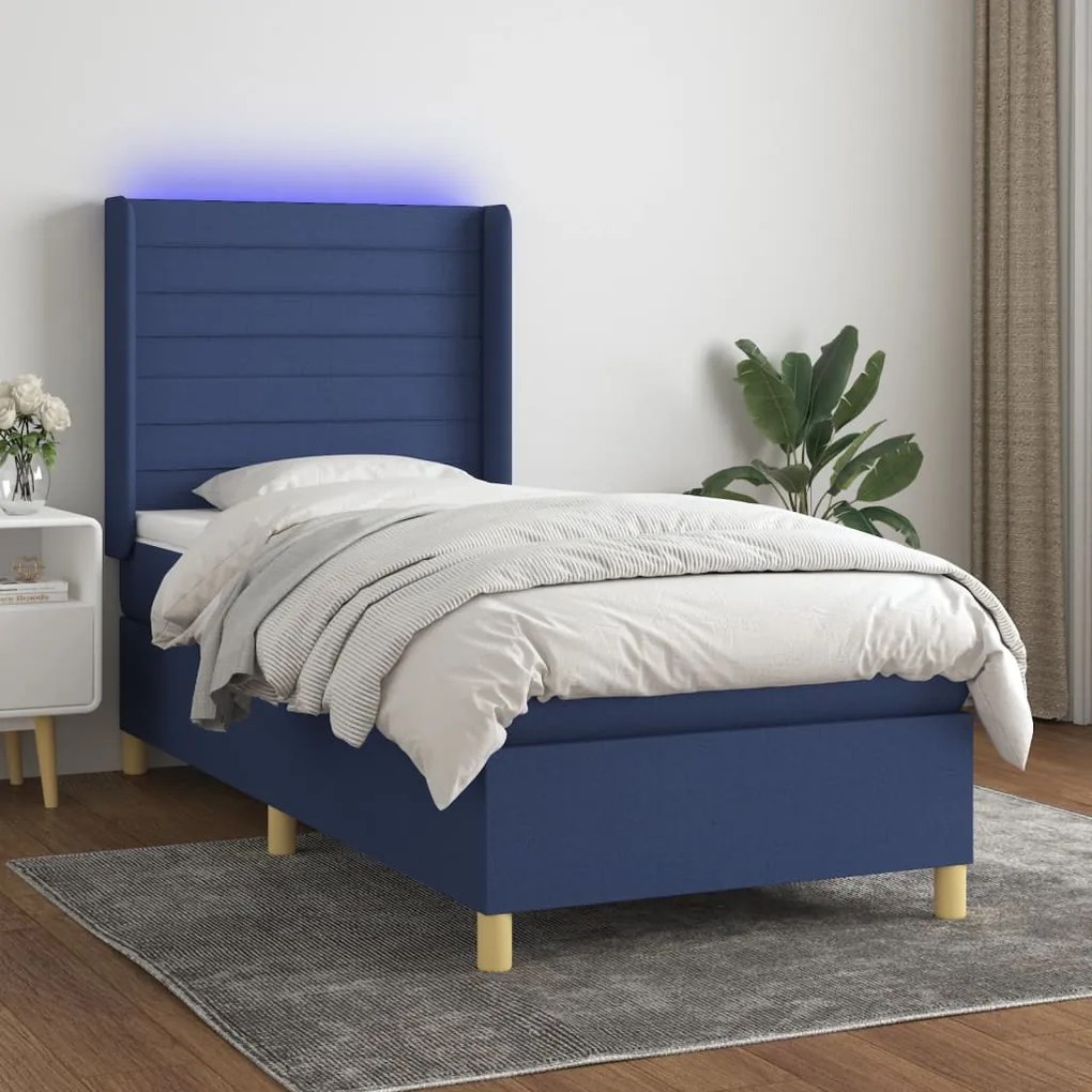 Cama box spring c/ colchão e LED 90x190 cm tecido azul