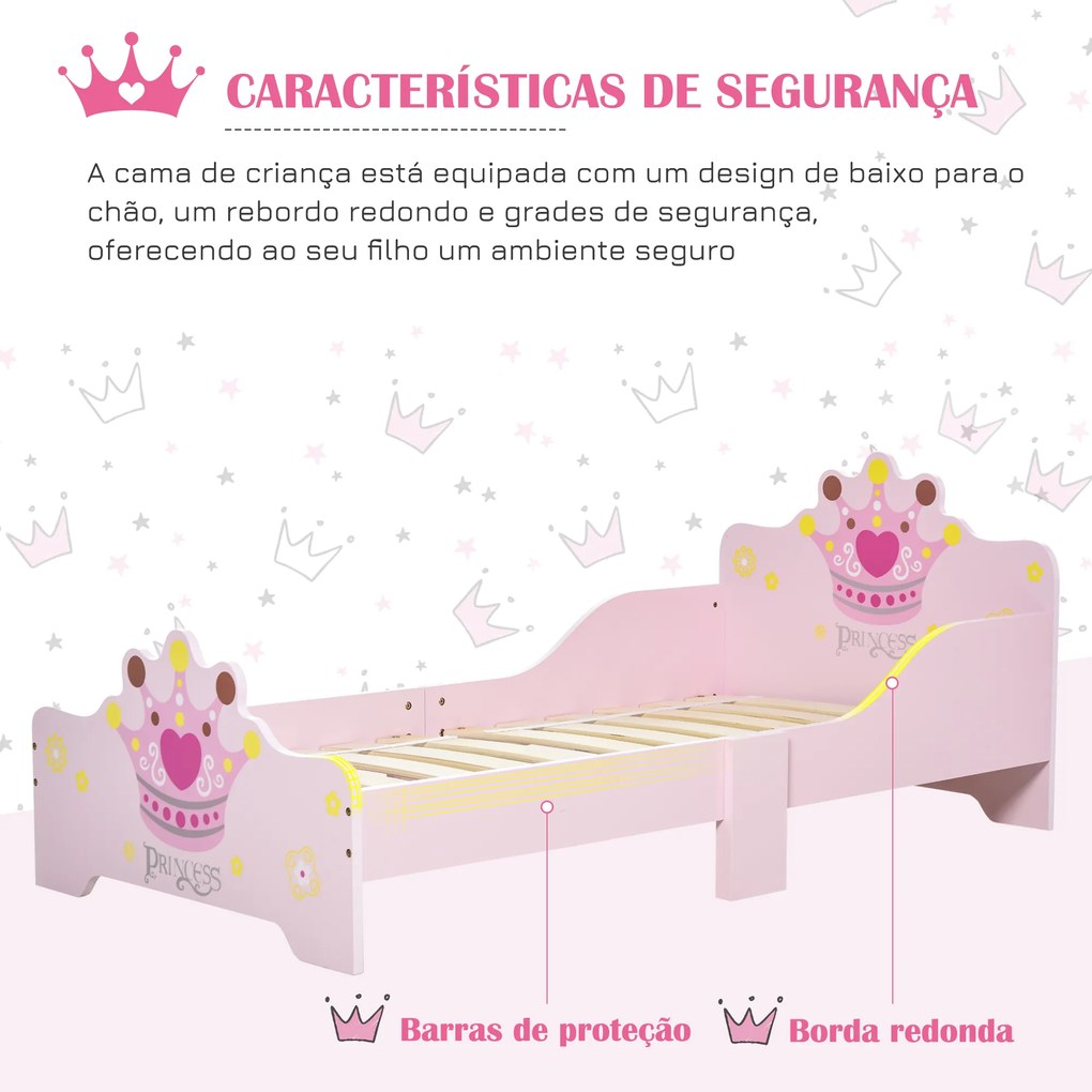 Cama Infantil +3 Anos 143x73x60 cm com Estampado Coroa Carga 50 kg para Quarto Rosa