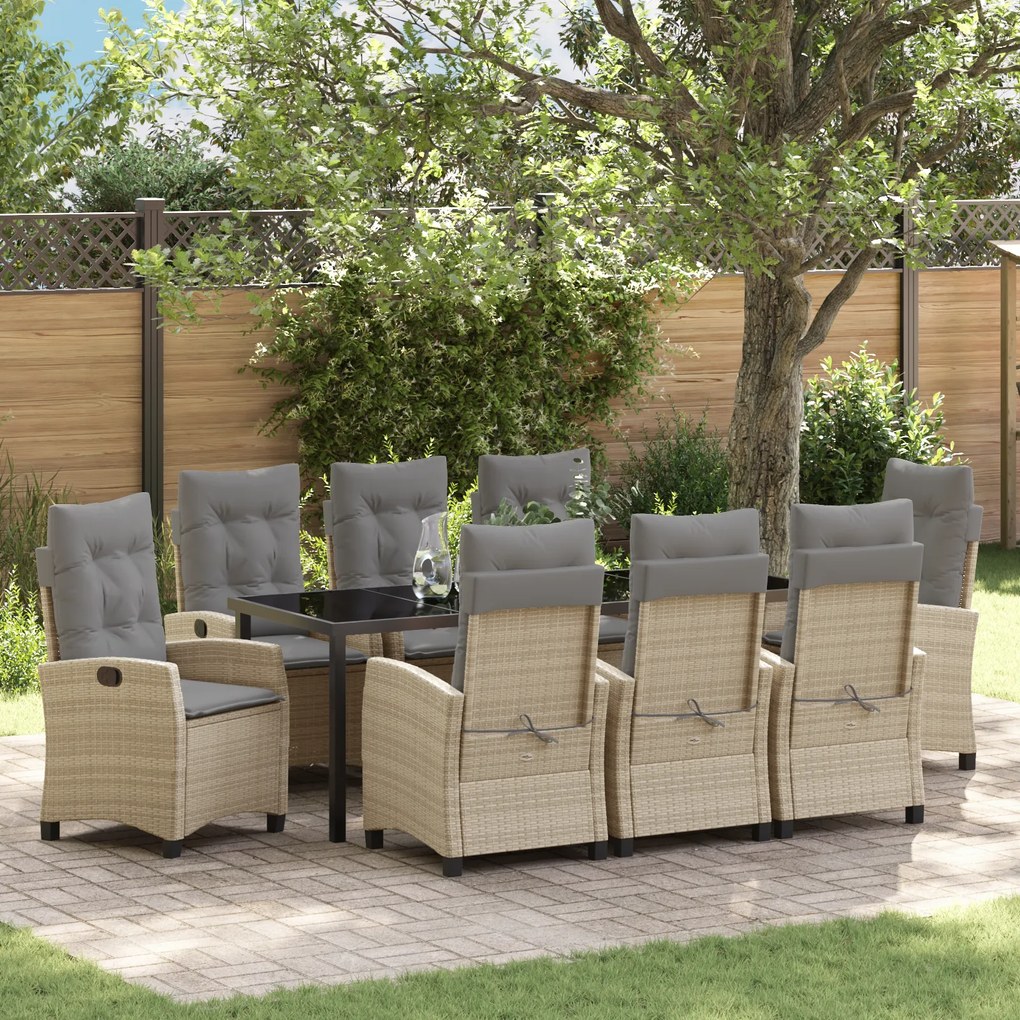 vidaXL Conjunto de Jantar de Jardim de 9 Peças com Almofadas Bege em Vime Polimérico