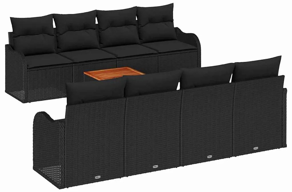 Sofá de Jardim 9 Peças com Almofadas em Rattan Preto e Acácia