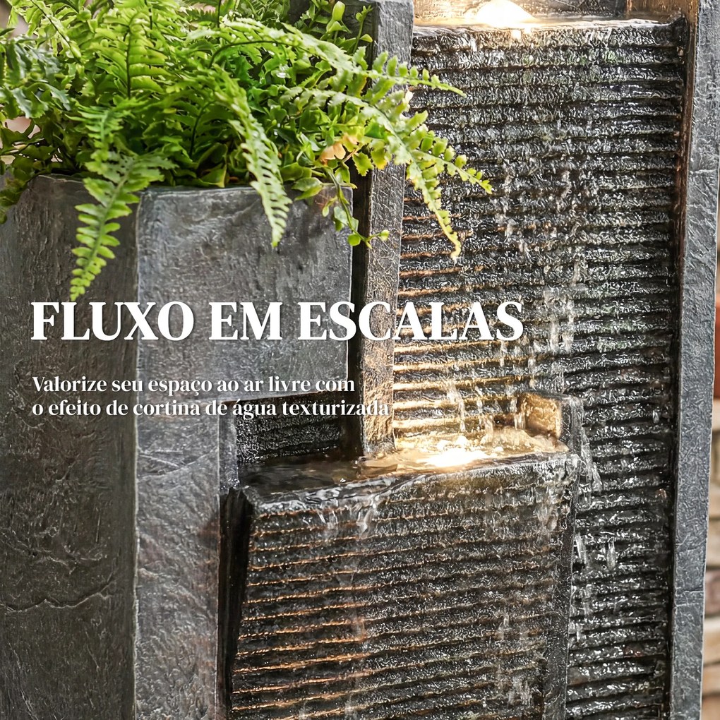 Fonte de Água Decorativa com Iluminação LED e Vaso Fonte de Jardim Exterior em Cascata de 3 Níveis com Bomba Resistente à Intempérie para Jardim Pátio