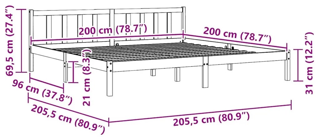 Estrutura de cama 200x200 cm madeira de pinho maciça preto