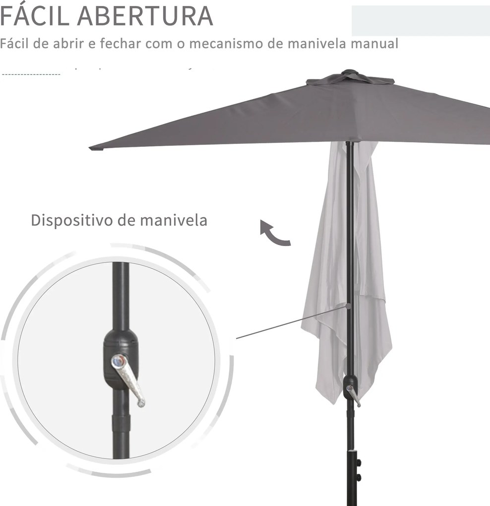 Meio Chapéu de sol 230x130x245 cm Chapéu de sol para Parede Jardim com Manivela e Vara Metálica Ø38 mm Terraço Varanda Cinzento