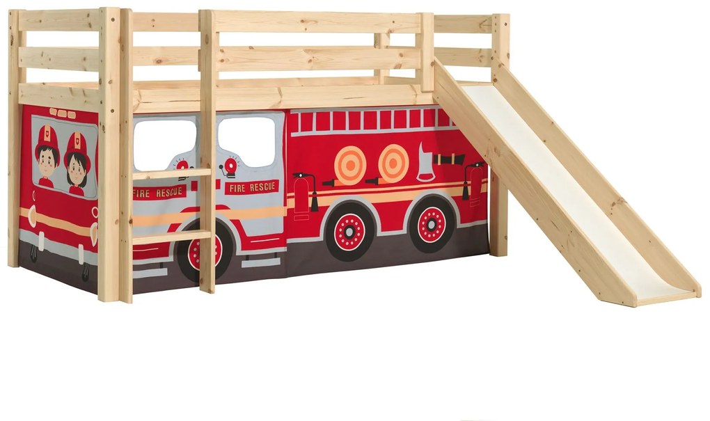 Cama alta de Criança PINO 90 x 200 cm + estrado + escada + escorrega + cortina Bombeiros Natural