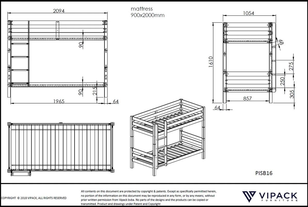 Beliche de Criança PINO 90 x 200 cm + estrado + escada + Gaveta Extra Cinzenta