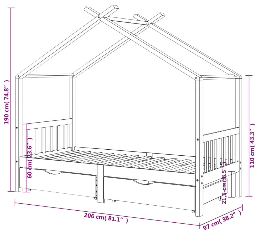 Cama p/ crianças c/ gavetas 90x200 cm pinho maciço cinza-escuro