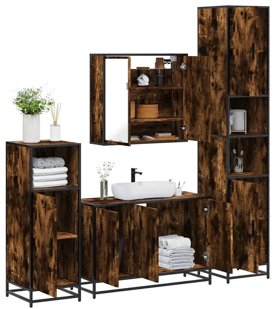 vidaXL 4pcs conjunto de móveis WC derivados de madeira carvalho fumado