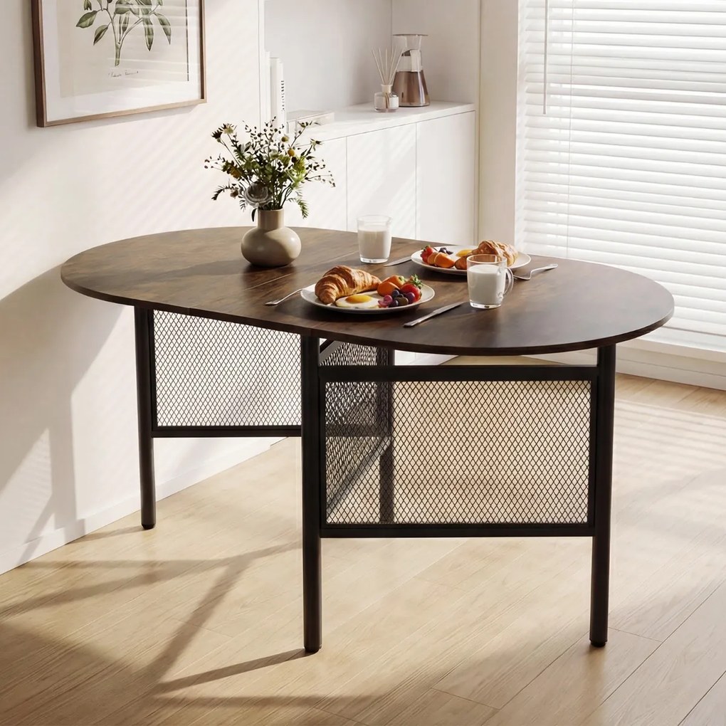 Mesa de jantar dobrável oval com abas rebatíveis para 6-8 pessoas, 150 x 80 x 76 cm, com pés metálicos Estilo Industrial castanho Rústico + preto