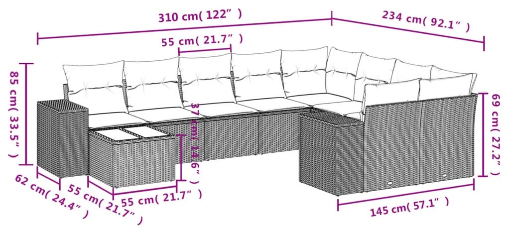 10 pcs conj. sofás jardim com almofadões vime PE cinzento-claro