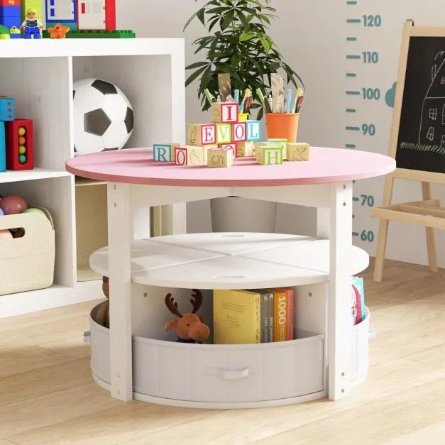 Conjunto de mesa redonda e 4 bancos com 4 caixas de tecido para atividades artísticas e de leitura para crianças Rosa