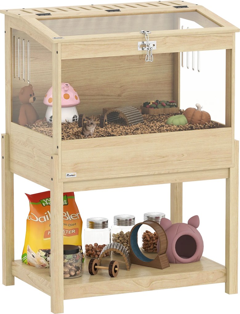 Gaiola para hamsters em madeira, elevada, com tabuleiro de arrumação e tampa que se abre, 83,2 x 50 x 103 cm, com acabamento em madeira natural