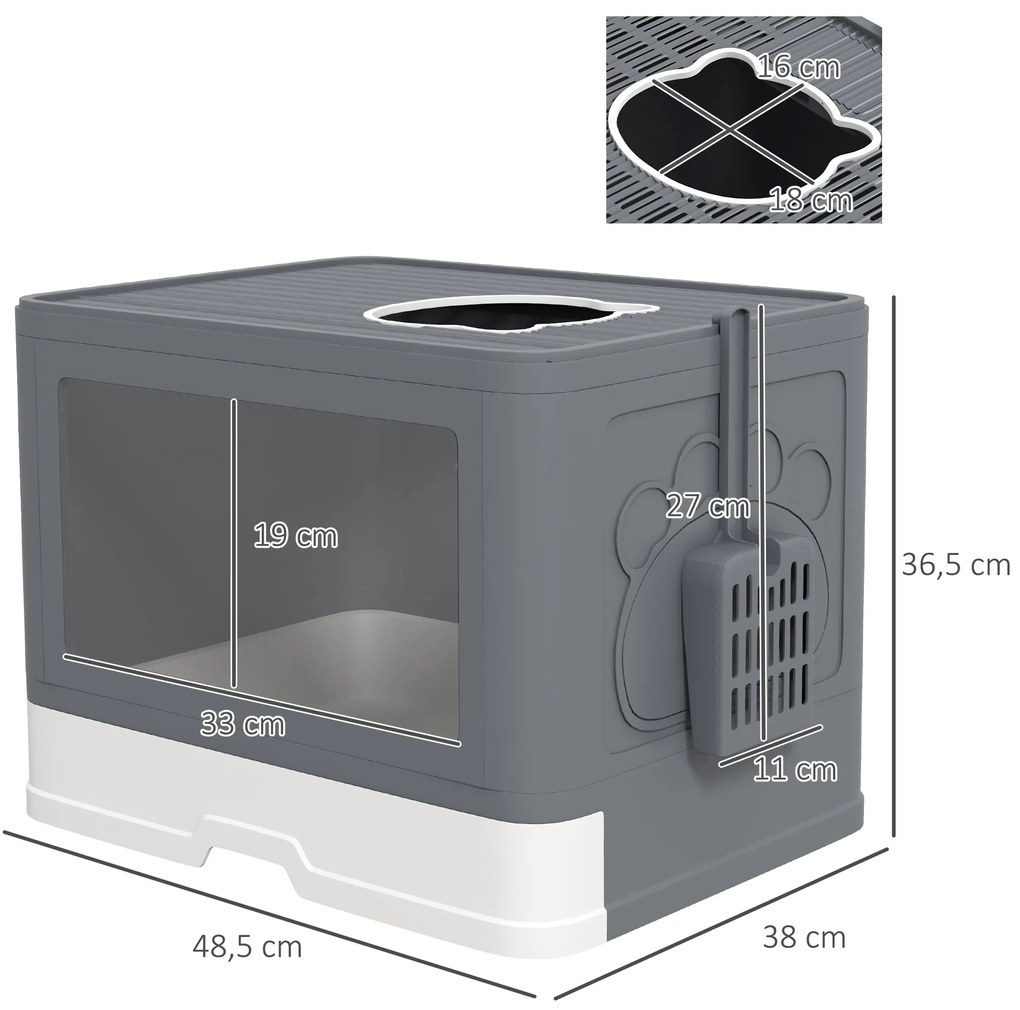 Caixa de Areia para Gatos Amovível com Pá Escova 2 Portas Entrada Principal e Saída Superior 48,5x38x36,5 cm Cinza