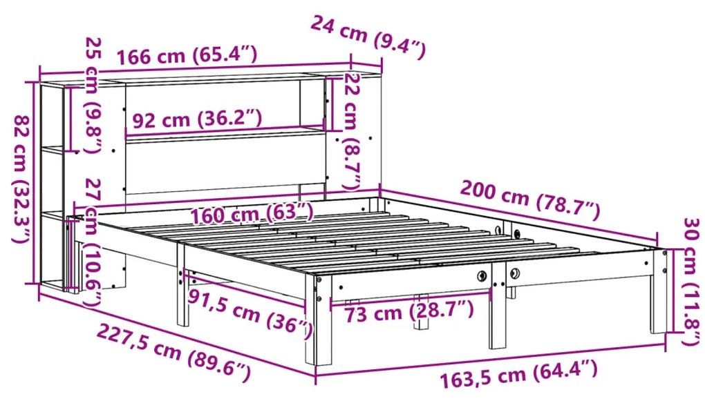 Cama com estante sem colchão 160x200 cm pinho maciço