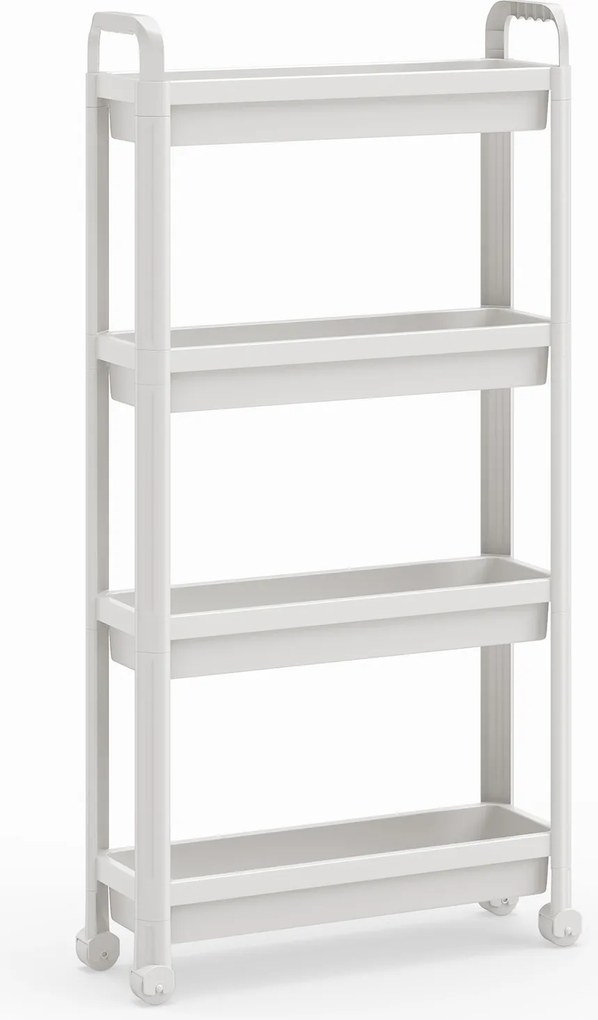 Carrinho estreito de 4 níveis com rodas e pegas 54 × 18,5 × 103 cm Organizador móvel para cozinha, casa de banho, lavandaria e escritório Branco