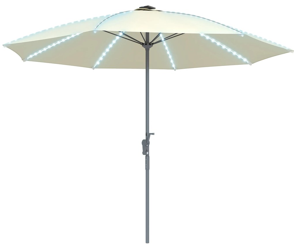 Outsunny Chapéu de Sol de Jardim com Luzes LED Ø300x256 cm Manivela  Proteção UV50+ e Mastro de Alumínio Creme