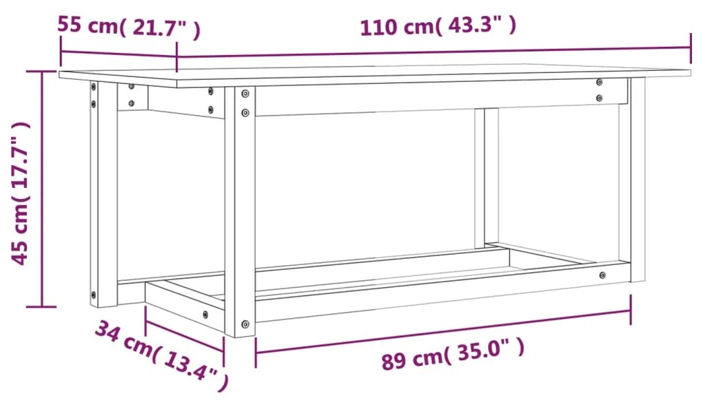 Mesa de centro 110x55x45 cm madeira de pinho maciça