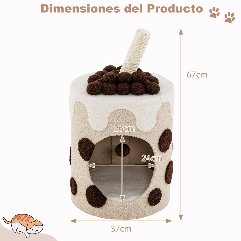 Arranhador para gatos em forma de chá de bolhas Torre para gatos com poste de arranhar em sisal e bola suspensa 67 x 37 x 37 cm castanho e bege