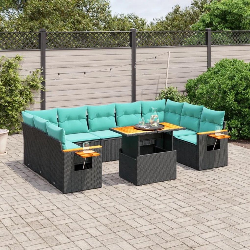vidaXL 10 pcs conjunto de sofás p/ jardim c/ almofadões vime PE preto
